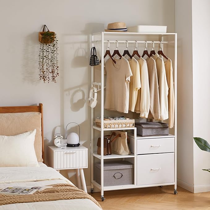 Clothes Rack for Hanging Clothes, 2 Drawers, Heavy Duty Garment Racks with Shelves, Clothes Rack with Hanging Hooks, White YD-TM080W
