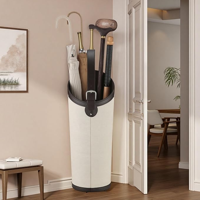 Indoor Entryway leather Umbrella bucket，Large Capacity Umbrella Storage stand，tall umbrella holder,For Hotel,Offices,home,Commercial(Beige+dark brown)