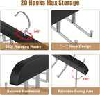 Tie Rack Hanger for Closet, 2 in 1 Belt Tie Hangers with 20 Folding Hooks, 360 Degree Rotating Wooden Tie Holder Organizer for Men Ties Belts Scarves Tank Tops Accessories, Black (2 Pack)