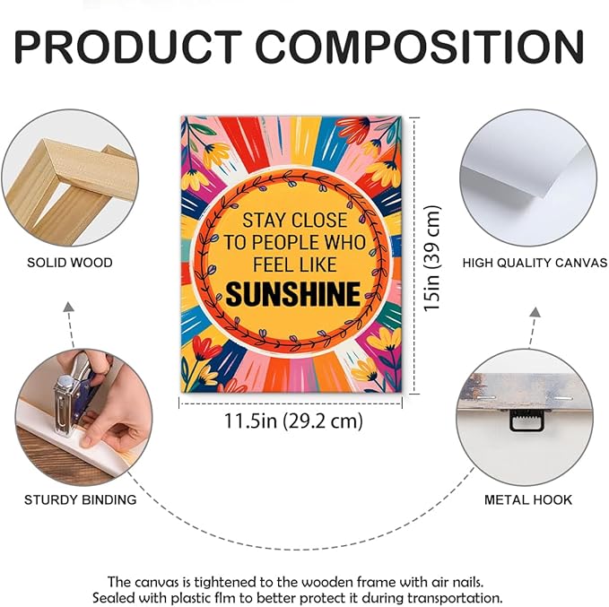 Inspirational Sunshine Wall Art Decor, Motivational Canvas Painting Pictures Artwork Posters Hippie Decor for Teens Room Bedroom, Natural Life Gifts for Women (11.5 X 15 Inches, Framed)