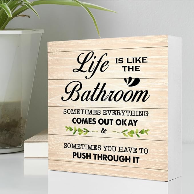 Burlywood Life is Like The Bathroom Wooden Box Sign Desk Decor,Funny Bathroom Wood Block Sign for Farmhouse Toilet Shelf Decor
