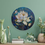 Stained Glass Theme Decorative Ceramic Plate Round Porcelain Plate,6 inch,Flowers in The Pond Pattern,for Decorative Ornaments Giving Plates, 1 Plate with 1 Display Stand,Blue White