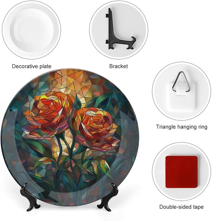 Stained Glass Theme Decorative Ceramic Plate Round Porcelain Plate,8 inch,Roses Pattern,for Decorative Ornaments Giving Plates, 1 Plate with 1 Display Stand,Green Red Orange
