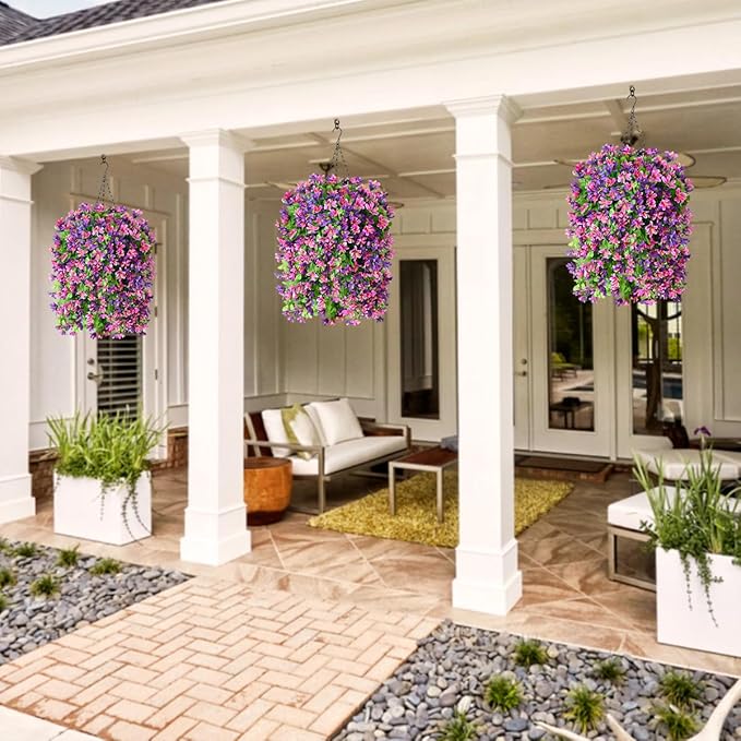 INQCMY Artificial Hanging Flowers Decoration, 4pcs Fake Floral Basket Plants for Outdoor Porch, Faux Shrubs Home Spring Decor UV Resistant Potted Violets for Outside Garden No Fade