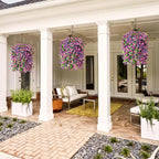 INQCMY Artificial Hanging Flowers Decoration, 4pcs Fake Floral Basket Plants for Outdoor Porch, Faux Shrubs Home Spring Decor UV Resistant Potted Violets for Outside Garden No Fade
