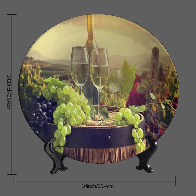 Decorative Plate Holder, 10 Inch, Green Grapes Wine Bottle Glass Cups Round Display Plate, Table Top Plate Decor with Stand, for Home Kitchen Bedroom Decorative Ornaments