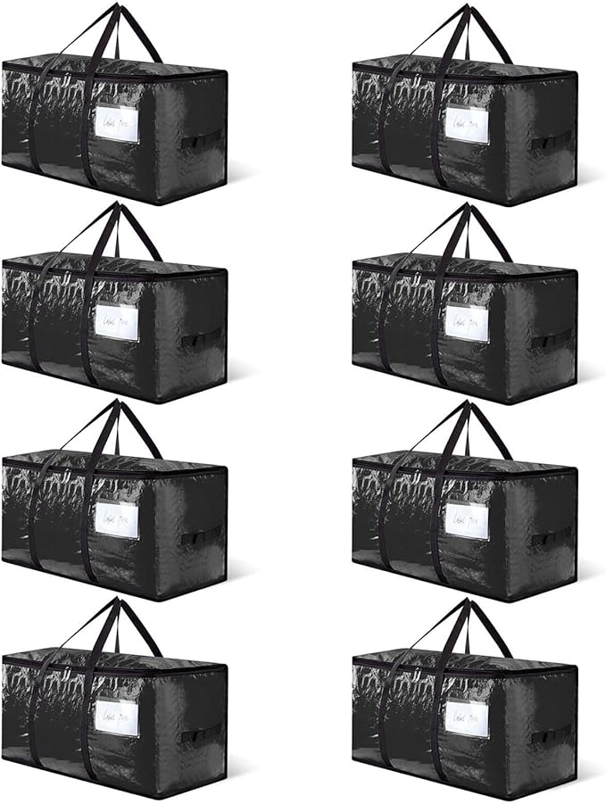 CONGREGATE 8-Pack Heavy Duty Black Moving Bags with Zippers and Handles, Heavy Duty Storage Handbags for Space Saving, Made of PE, 97 Liters/25.6 Gallons (28.7 Inch x 13.7 Inch x 15 Inch)