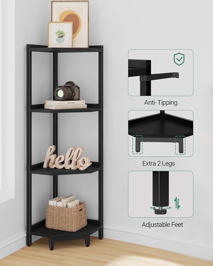 Hzuaneri Corner Shelf Stand, Corner Bookshelf, Storage Standing Shelf Unit with Metal Frame, Plant Stand, Bookcase for Living Room, Home Office, Bedroom, 4-Tier Black CS05806B