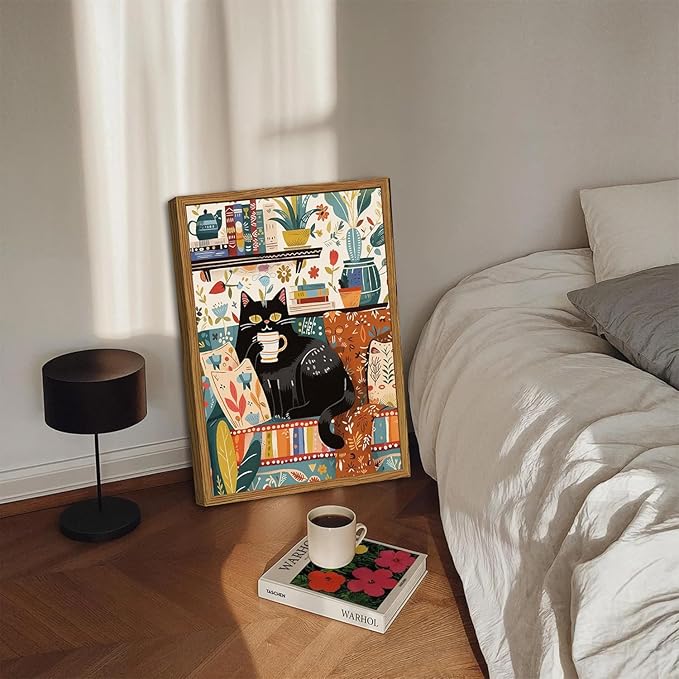 Framed Funny Black Cat Canvas Wall Art, Cute Cat Drinking Coffee on Sofa Pictures Wall Decor, Eclectic Animal Paintings Prints Boho Home Decor for Living Room Cafe Kitchen Bar 16x24 inch