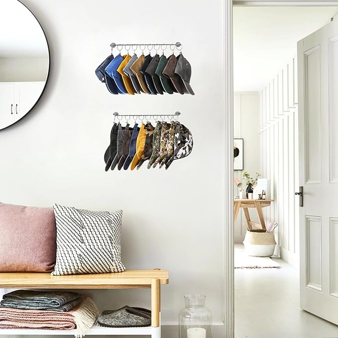 Hat Rack Wall Cap Organizer - Baseball Hat Racks Display Holder with 40 Hooks - Modern Metal Black Hats Storage Wall Mounted Caps Hanger Set of 4 for Closet Door Bedroom Entryway Laundry(Grey)
