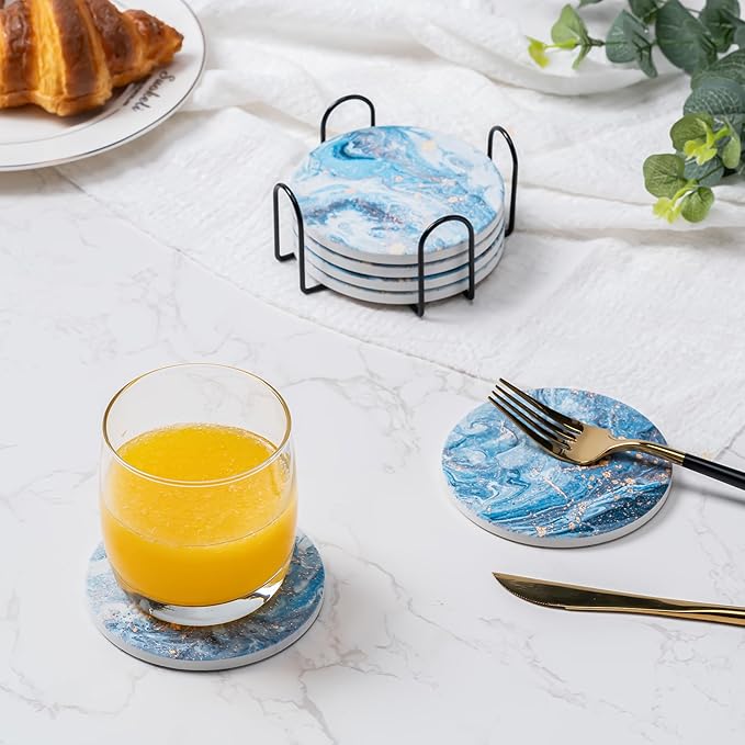 Hoewina 6Pcs Drink Coasters with Holder, Marble Style Ceramic Drink Coaster, Absorbent Coasters Set Suitable for Kinds of Cups, Modern Style Coaster for Coffee Table, 4 Inches（Style 9）