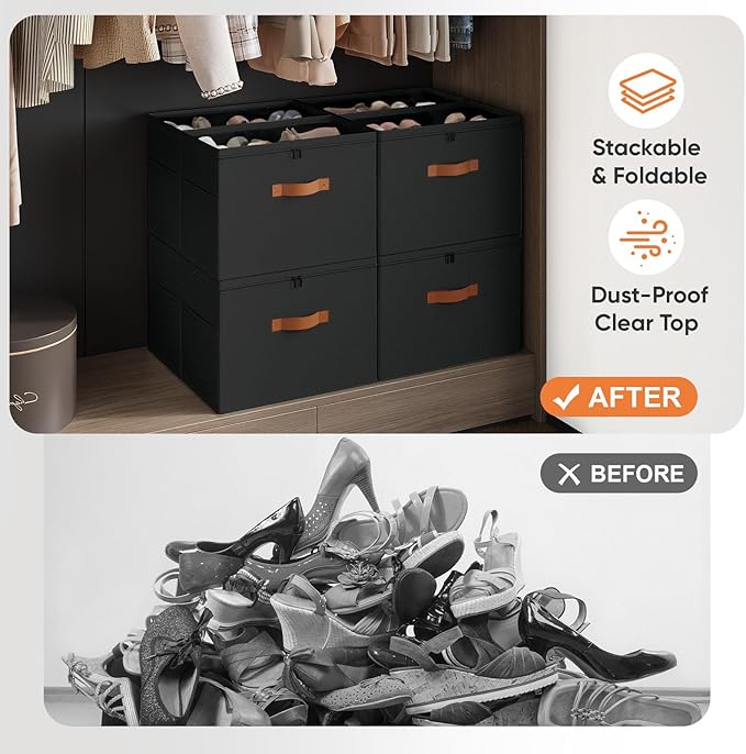 Shoe Organizer for Closet, 2-Pack Foldable Shoe Storage Box with Adjustable Dividers & Clear Cover, Fits 16 Pairs, Black, Durable and Space-Saving
