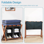 Luggage Rack for Guest Room, Folding Suitcase Stand with Fabric Storage Shelf, Upgraded Bamboo Luggage Holder, Steel Foldable Luggage Stand for Guest Room, Bedroom, Hotel, Walnut