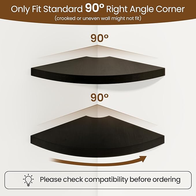 Fun Memories Corner Shelf Wall Mount Set of 2 - Solid Oak Wood Floating Corner Shelf with Cable Hole, 7in Rustic Design for Bedroom, Living Room, Kitchen (Black)