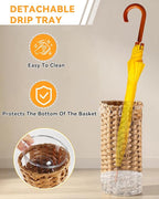 Rattan Umbrella Stand for Entryway,Hand-Woven Umbrella Holder Indoor with Doormat, Removable Drip Tray & 4 Hooks,Waterproof Umbrella Storage Basket
