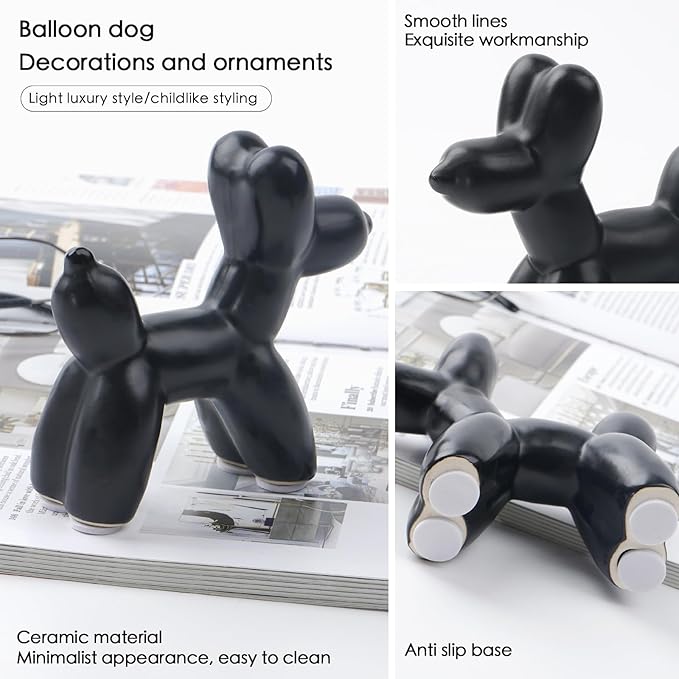Notakia Cute Ceramics Black Balloon Dog Statue Crafts Living Room Desktop Decorations,Handmade Modern Small Ceramic Animal Statue Ornament Home Decor Accents