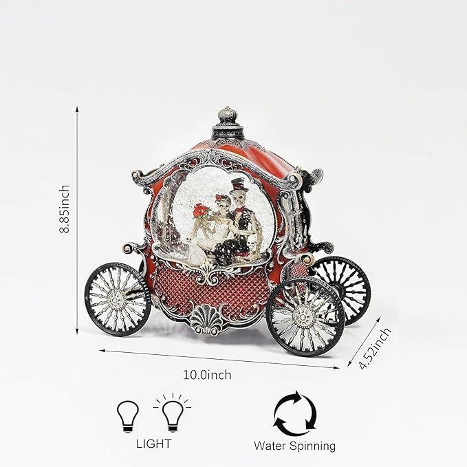 Midnight Manor Halloween Water Globe Carriage LED Lighted Snow Globe Lamp Spooky Wedding Skeleton Decor Acrylic Glitter Water Lantern Battery Operated Fall Indoor Decoration