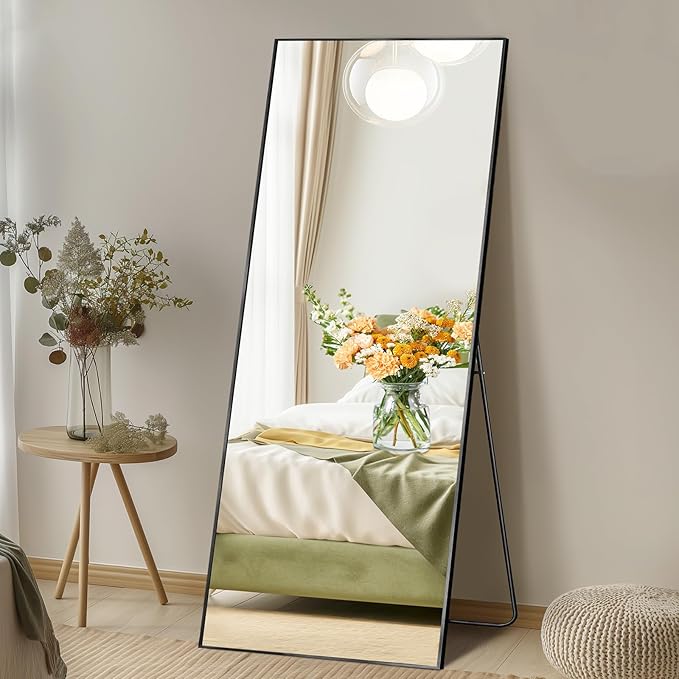 DUMOS 19"x58" Full Length Mirror with Stand, Floor Standing Aluminum Frame, Shatter-Proof Nano Glass for Bedroom, Living Room, Cloakroom – Modern Simple Home Decor,Can Be Hanging or Leaning, Black