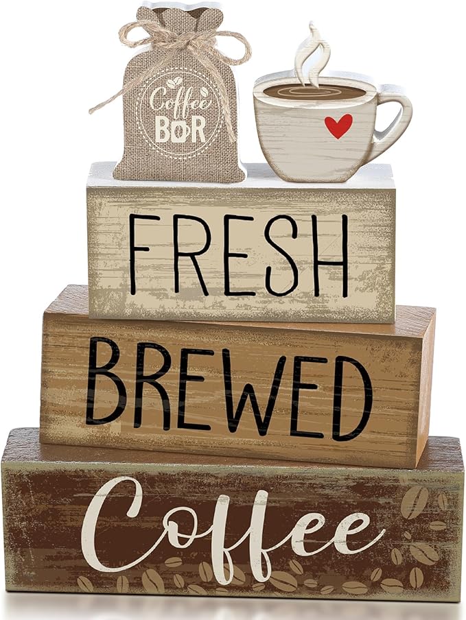 Yuntau 5 Pcs Wooden Coffee Bar Decor Cocoa Tiered Tray Decor Rustic Wood Bar Sign Gift Farmhouse Table Top Centerpiece Stacks Block Sign for Home Shelf Mantel Kitchen