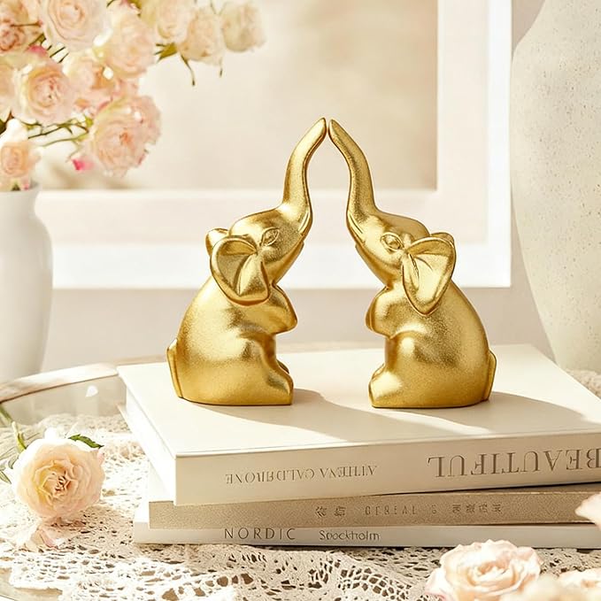 DUQGUHO Mini Gold Elephant Gifts for Women, Modern Style Small Golden Animal Statue, 2PCS Elephant Decor for Desk Shelves 3.5Inch