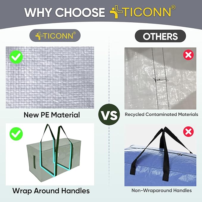 TICONN 2 Pack Extra Large Moving Bags Heavy Duty with Zippers & Carrying Handles, Durable Storage Bags Moving Boxes for Closet Organizers and Storage (2 Pack, Olive)