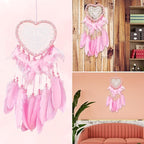 Dream Catcher,Lovely Heart Shape Dreamcatcher Handmade Lace Dream Catcher Feather Bead Wall Hanging Boho Woven Art Ornament Gift Craft Dreamcatcher Wind Chimes for Home Children Bedroom Decor (Pink)