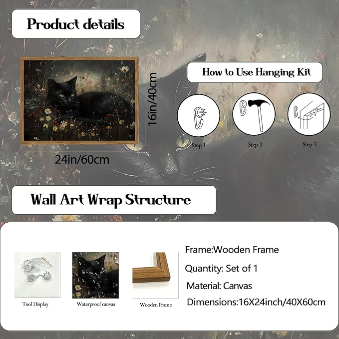Framed Vintage Black Cat Canvas Wall Art, Gothic Dark Academia Cat Pictures Wall Decor, Moody Floral Animal Paintings Prints Cottagecore Home Decor for Living Room Bedroom Bathroom 16x24 inch