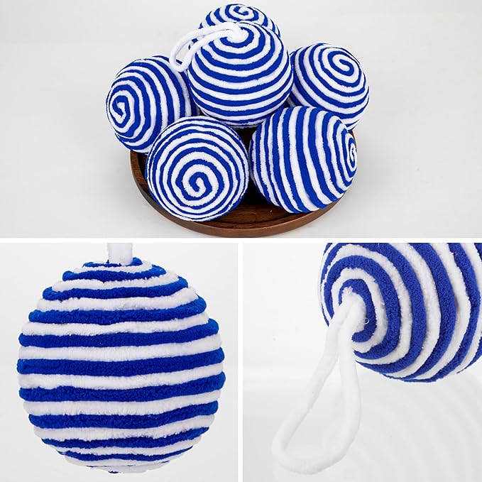 Briful 3.94'' Blue and White Christmas Ornament Balls, 6PCS Large Decorative Yarn Balls Xmas Tree Hanging Ornaments with Strings for Holiday Party Christmas Decor