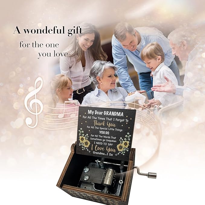 Music Box Gifts for Grandma You are My Sunshine Hand Crank Engraved Wooden Musical Boxes Sunflower Gift for Grandmother on Birthday Christmas Mothers Day(Black)