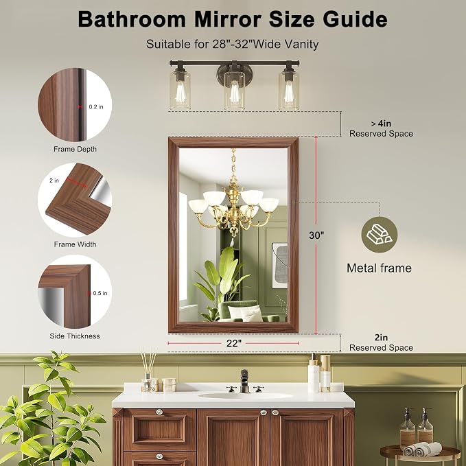 Bathroom Mirror for Over Sink,22x30Inch Thick Anti-Rust Wood Grain Metal Frame, Rectangle Decorative Wall Mirror with HD Tempered Glass, Horizontal or Vertical Mount for Vanity, Bathroom,Living Room