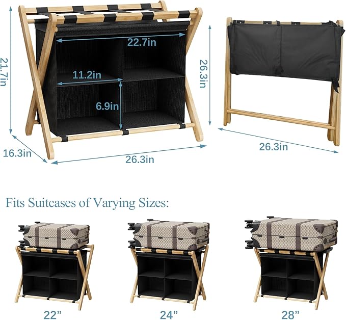 Luggage Rack for Guest Room, Folding Suitcase Stand with Fabric Storage Shelf, Upgraded Bamboo Luggage Holder, Steel Foldable Luggage Stand for Guest Room, Bedroom, Hotel, Natural