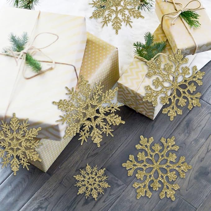 36pcs Christmas Gold Snowflake Ornaments Plastic Glitter Snow Flakes Ornaments for Winter Christmas Tree Decorations Size Varies Craft Snowflakes
