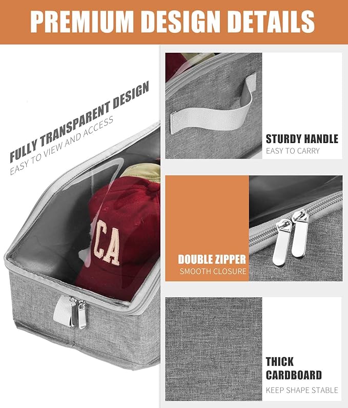 Livelab Hat Organizer for Baseball Caps, Hat Storage Holder Container for Closet Hold Up to 24 Caps with Clear Window, Hat Boxes for Home Storage | 2Pcs Grey