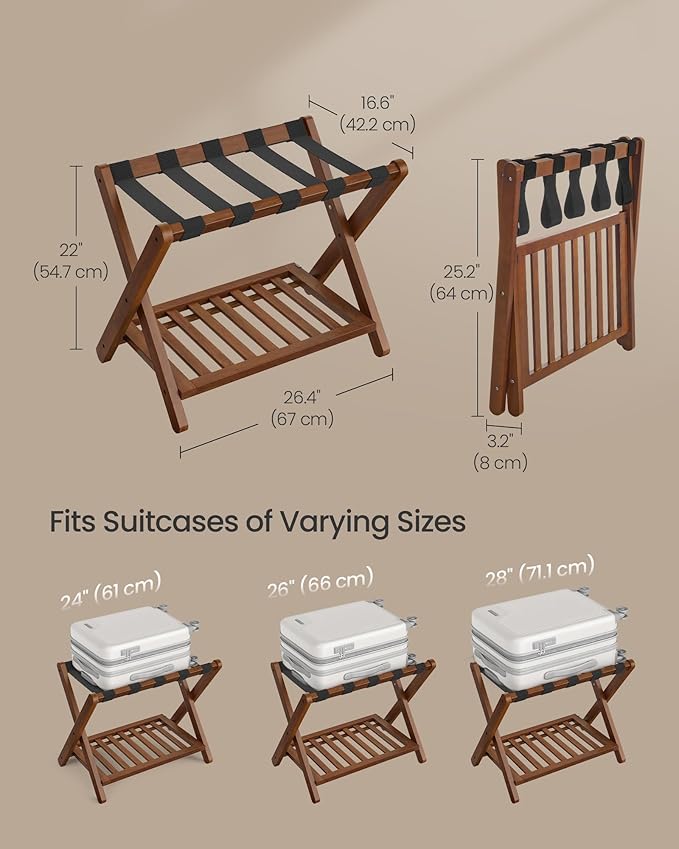 SONGMICS Solid Wood Luggage Racks, Set of 2, No Assembly Required, Foldable Suitcase Stand, Luggage Holder, with Storage Shelf, for Guest Room, Hotel, Bedroom, Coffee Brown URLR021K01