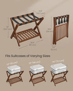 SONGMICS Solid Wood Luggage Racks, Set of 2, No Assembly Required, Foldable Suitcase Stand, Luggage Holder, with Storage Shelf, for Guest Room, Hotel, Bedroom, Coffee Brown URLR021K01
