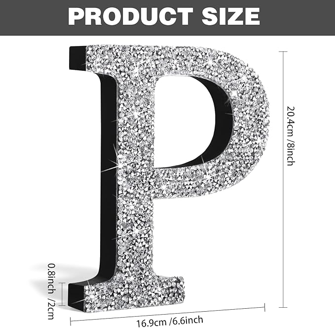 Qunclay 8'' Silver Crystal Diamond Bling Letters Crushed Diamond Decoration Wooden Glitter Letter with Screw and Hooks Rhinestone Gift for Wedding Y2k Mcbling Bedroom Wall Decor (Letter P)
