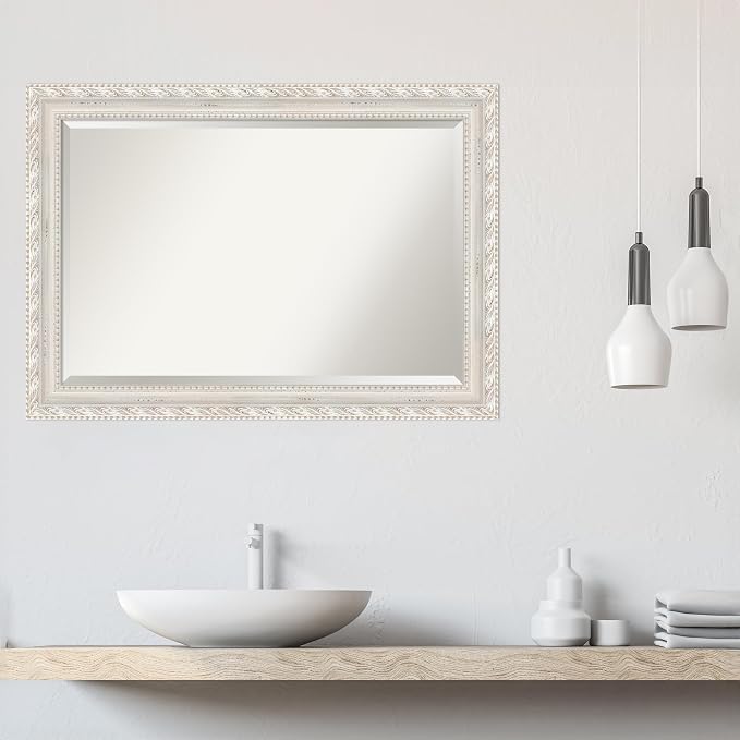 Amanti Art White Wall Mirror 30x42 Opera Off White Rectangle Bathroom Mirror for Wall Decor Living Room, Large Traditional Wood Frame, Hangs Horizonally and Vertically, Bathroom Decor, Beveled Edge