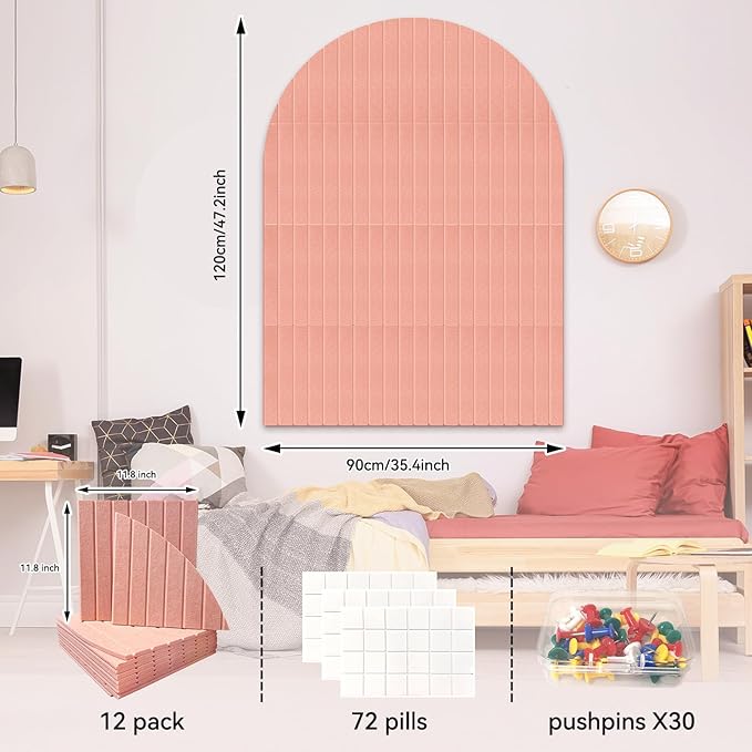 Large Cork Board for Wall & Office Decor, 48" x 36" Arched Felt Bulletin Board Pin Board Vision Board with 30 Pins – 12 Customizable Wall Tiles for Office Home Bedroom,Photo & Picture Display