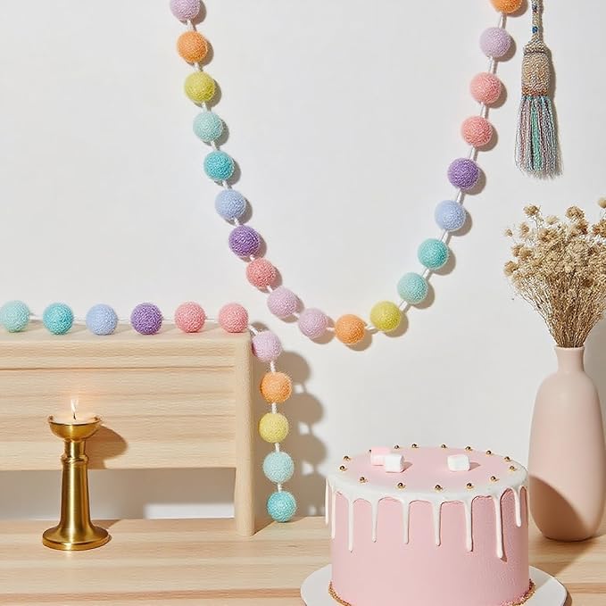 3 Pack Pastel Rainbow Tassel Garland Decorations, Boho Tassel Garland with Wood Beads Colorful Pom Pom Banner Rainbow Wall Hanging Decor for Classroom, Party, Kids Room, Nursery, Baby Shower