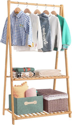 Small Clothes Rack Kids Dress Up Storage for Playroom, Toddlers Bedroom, Bamboo Child Garment Rack with 2 Tier Storage Shelf, Kids Clothing Rack Costumes Organizer