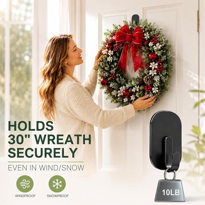 Heavy Duty Magnetic Wreath Hanger, Strong Magnetic Hooks for Front Door, Holds 10 lbs, No-Scratch, Versatile Wreath Hook for All Season Decor, Kitchen, Fridge, Garage (Black, 2 Pack)