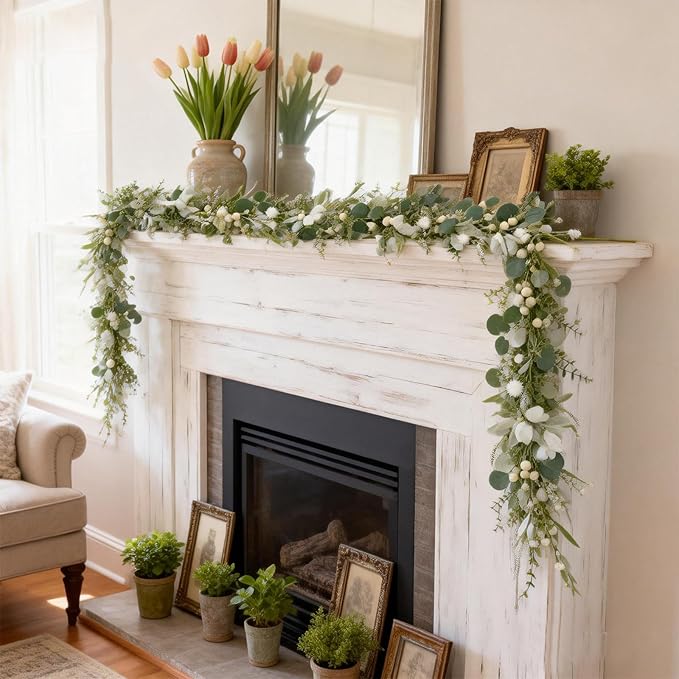 70-inch Summer Garland Green Eucalyptus Leaves with White Fruits Thorns Garland Spring Summer Vine for Front Door Fireplace Dining Table Home Decor, Wedding Arch Party Festival Decor