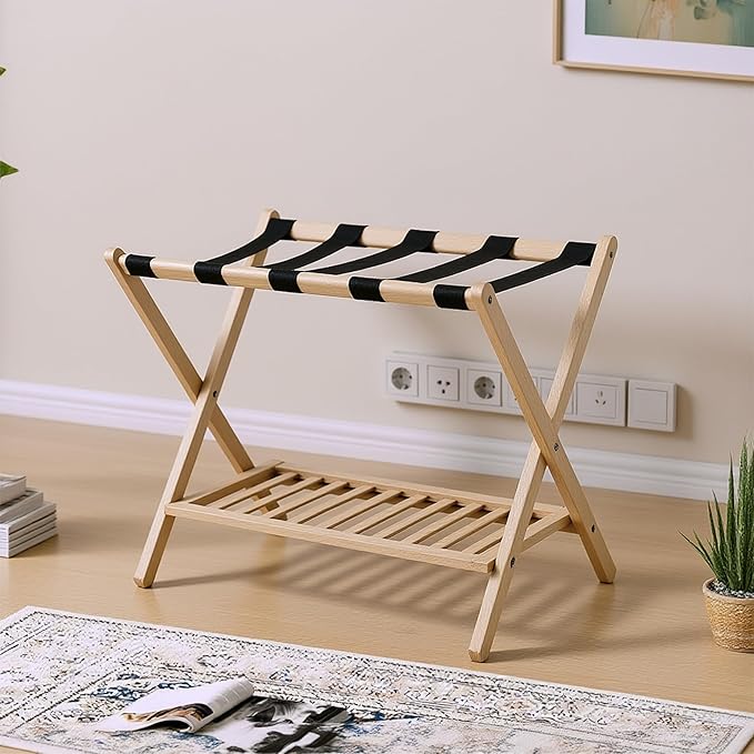 Bamboo Luggage Rack with Shoe Shelf Folding Suitcase Stand with 5 Heavy-Duty Straps for Guest Room Living Room Hotel Ideal Luggage Holder for Suitcases Bags Shoes,Nature