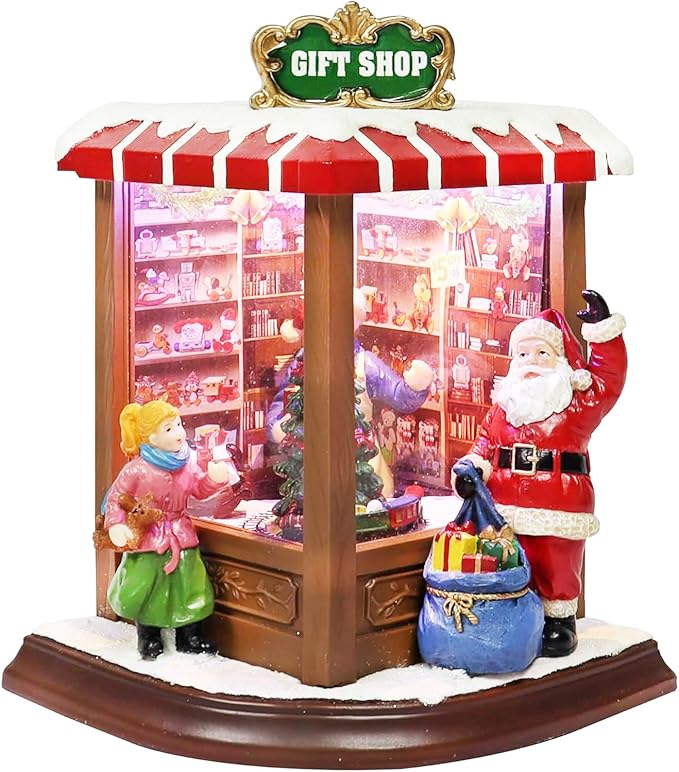 MOMENTS IN TIME Christmas Village Vintage Corner Gift Shop with Santa Claus LED Lights & Music, 8 Christmas Songs, Battery Operated, Handcrafted Polyresin Santa Figurine Holiday Decoration