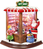 MOMENTS IN TIME Christmas Village Vintage Corner Gift Shop with Santa Claus LED Lights & Music, 8 Christmas Songs, Battery Operated, Handcrafted Polyresin Santa Figurine Holiday Decoration