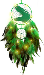 LOMOHOO Dinosaur Dream Catcher for Kids, Feather Dream Catchers with LED Light, Handmade Home Decor Wall Hanging with Double Ring for Nursery Boy Bedroom Birthday Gift