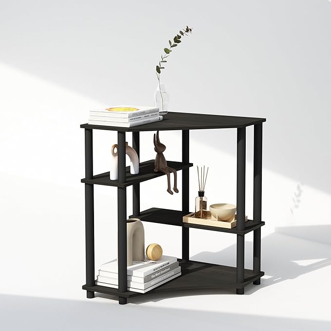 Furinno Turn-N-Tube Storage Shelves, 4-Tier Corner Shelf, Toolless Assembly Display Rack, Corner Bookshelf for Small Space, for Organization and Storage, Living Room, Home Office, Espresso
