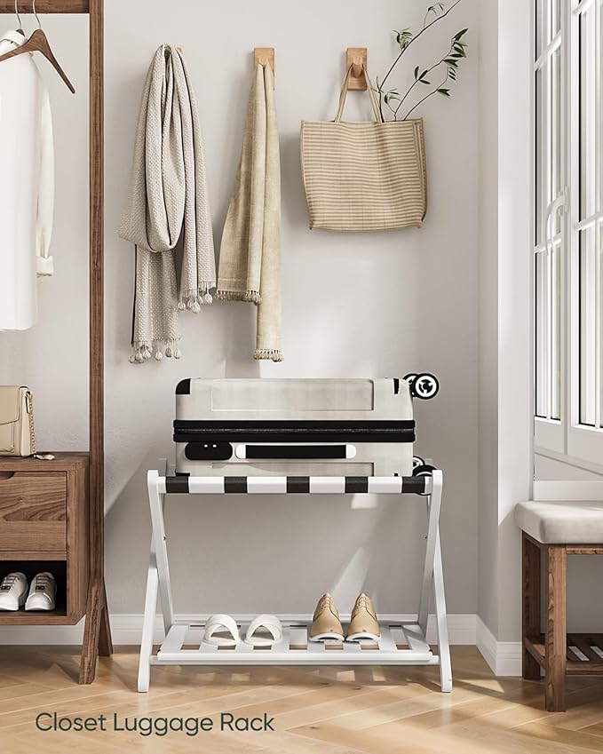 Fully Assembled White Bamboo Luggage Rack, 5 Straps Folding Suitcase Stand with Shoe Shelf, Heavy Duty Wood Large Luggage Holders for Guest Room, Bedroom, Hotel