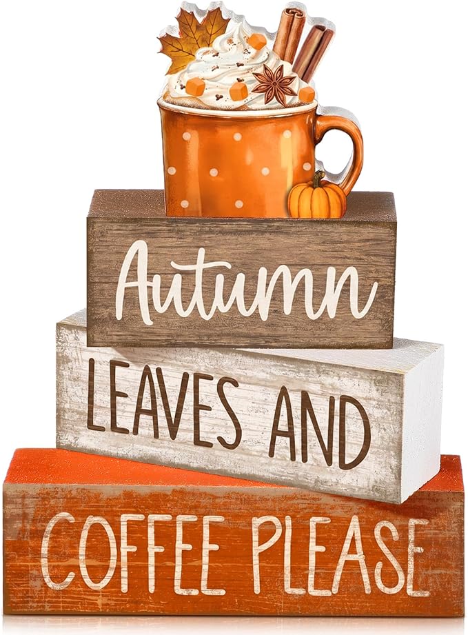 Lineshading 4 Pcs Fall Decorations for Home Wooden Hot Cocoa Coffee Block Sign Thanksgiving Tiered Tray Decor Thanksgiving Centerpiece Rustic Fall Table Decor for Autumn Harvest Party Home Kitchen