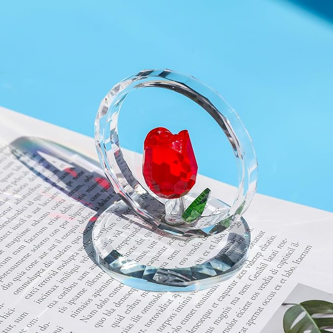 LONGWIN Crystal Red Rose Flower Figurine Collectible Glass Spring Bouquet Decorative Ornaments for Home Office,Romantic Valentine’s Day, Anniversary & Wedding Gifts for Women